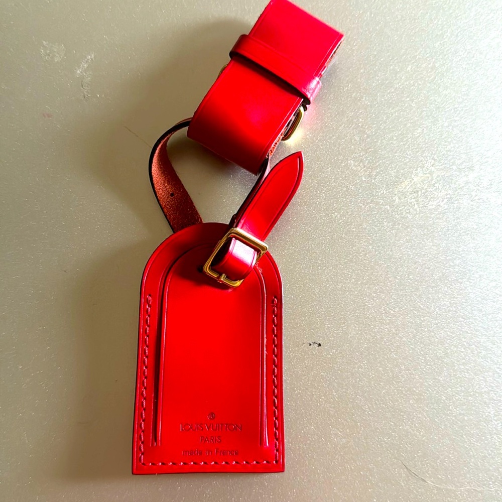 Louis Vuitton red leather luggage tag and bracelet, no callouts NWOT